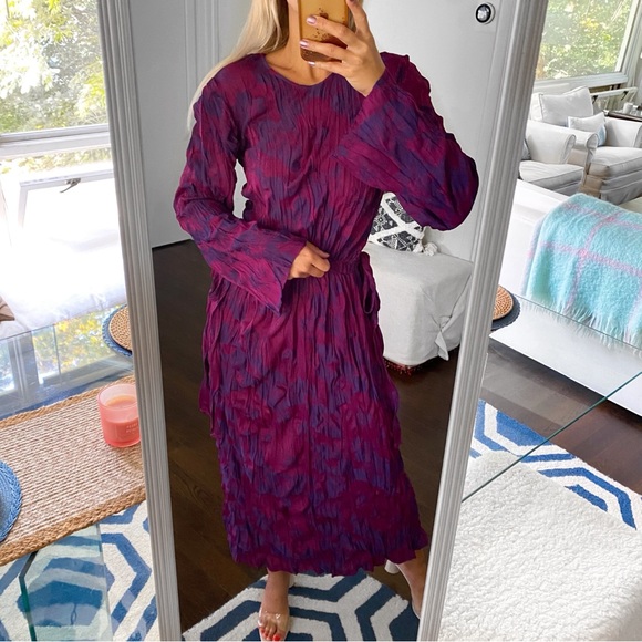 💜 ZARA BOHO PURPLE PINK JACQUARD LONG SLEEVE SIDE TIE MAXI DRESS! - Picture 6 of 16